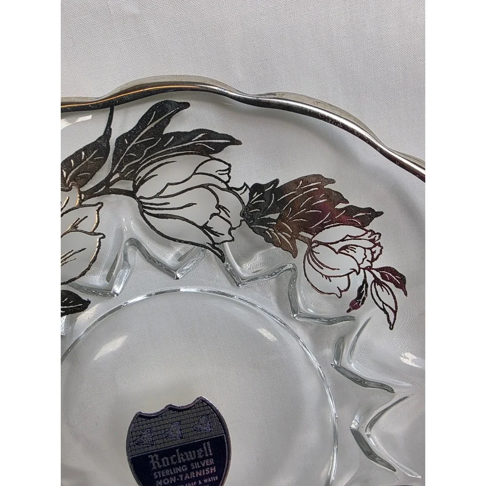 Rockwell Sterling‎ Silver Non-Tarnish 8 Inch Glass Plate Floral Design Handles